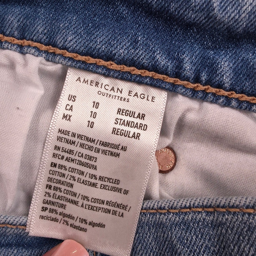 American Eagle Wide Leg Jeans Women 12 Blue Paneled Colorblock High Rise Stretch - Picture 5 of 16